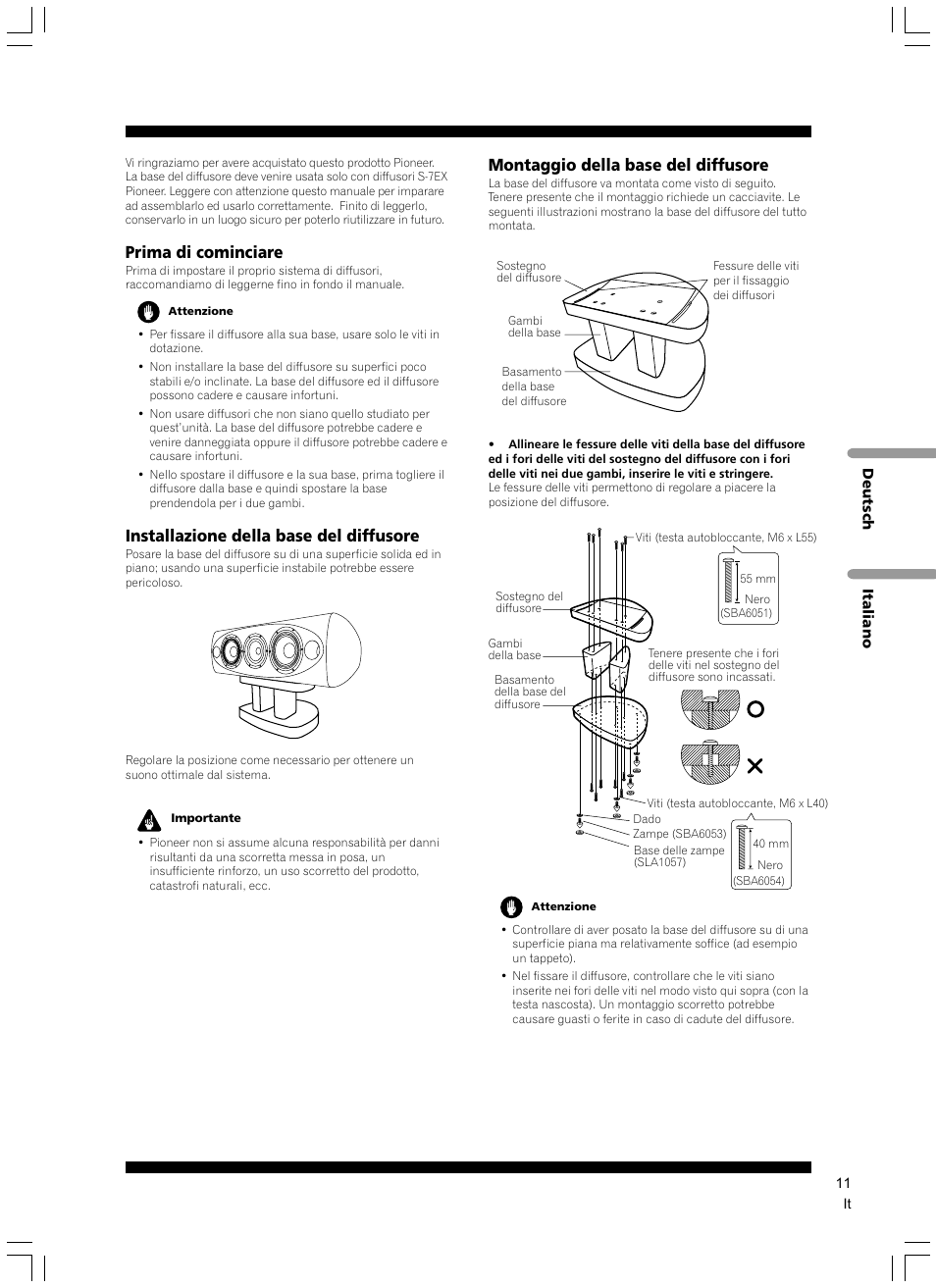 Prima di cominciare, Installazione della base del diffusore, Montaggio della base del diffusore | Pioneer CP-7EX User Manual | Page 11 / 40