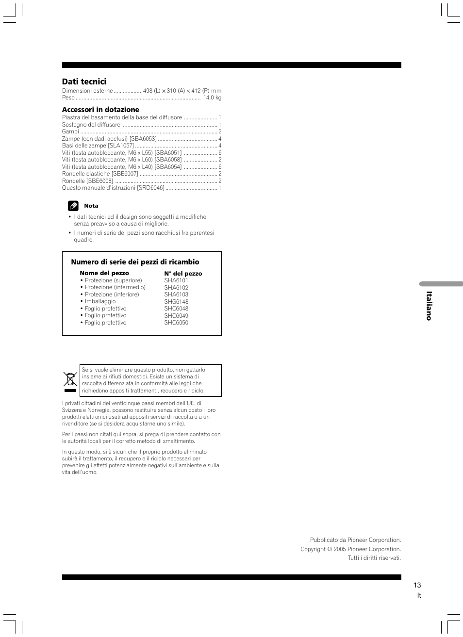 Dati tecnici | Pioneer CP-7EX User Manual | Page 13 / 40