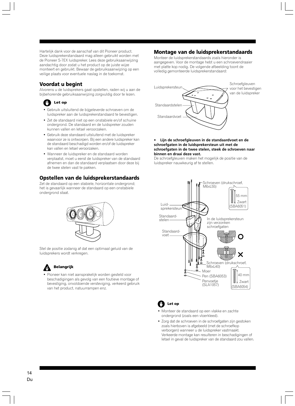 Voordat u begint, Opstellen van de luidsprekerstandaards, Montage van de luidsprekerstandaards | Pioneer CP-7EX User Manual | Page 14 / 40