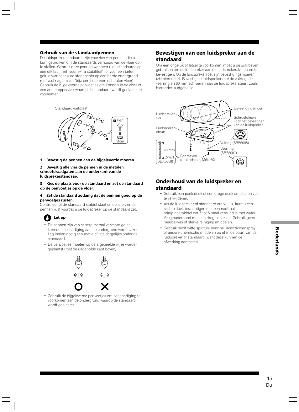 Bevestigen van een luidspreker aan de standaard, Onderhoud van de luidspreker en standaard | Pioneer CP-7EX User Manual | Page 15 / 40