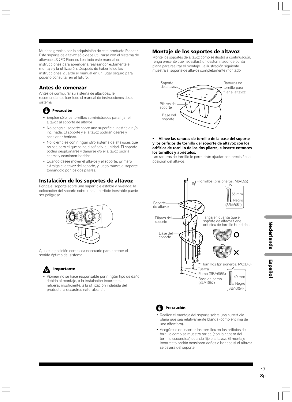 Antes de comenzar, Instalación de los soportes de altavoz, Montaje de los soportes de altavoz | Pioneer CP-7EX User Manual | Page 17 / 40