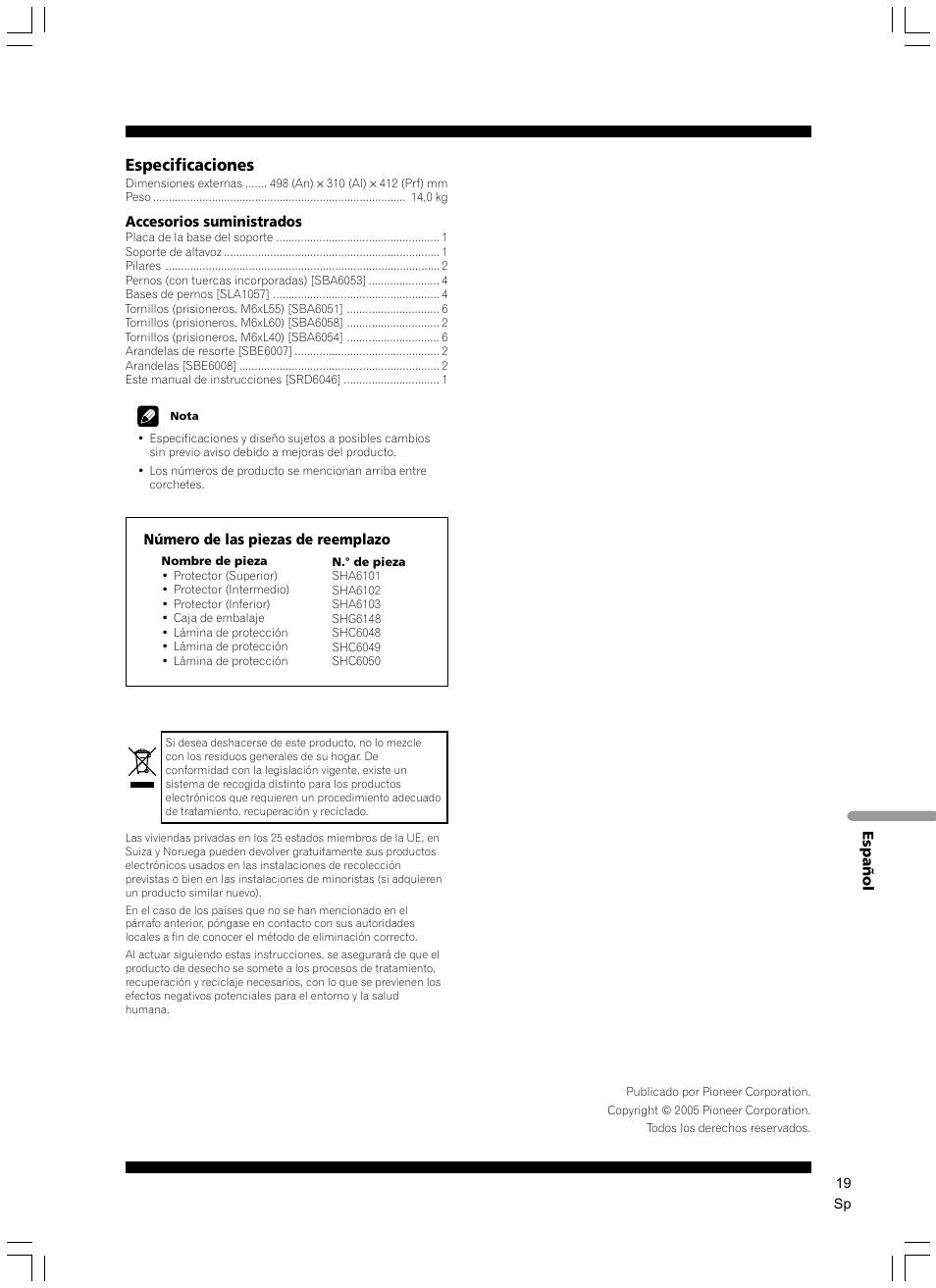 Especificaciones | Pioneer CP-7EX User Manual | Page 19 / 40