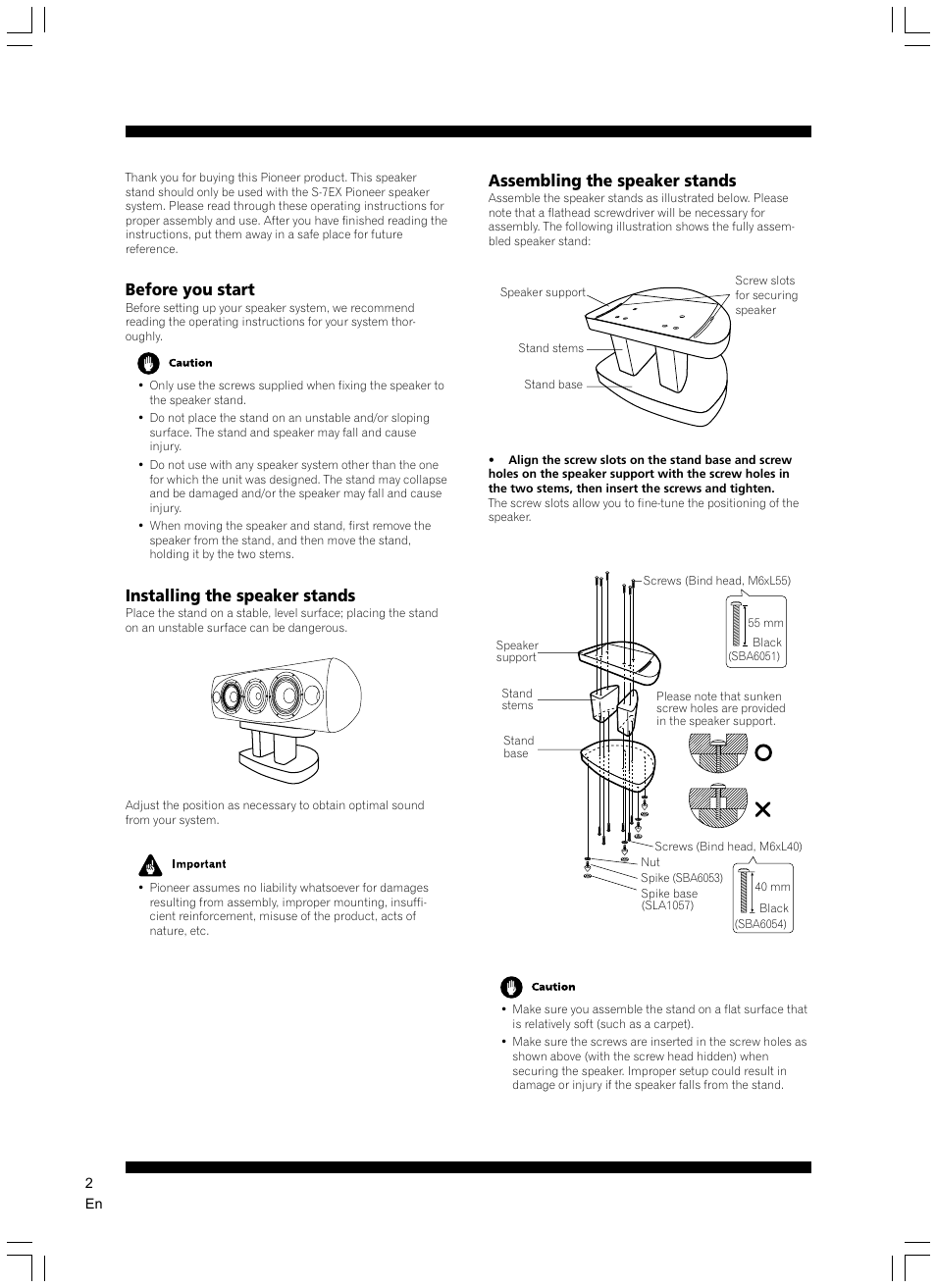 Before you start, Installing the speaker stands, Assembling the speaker stands | Pioneer CP-7EX User Manual | Page 2 / 40