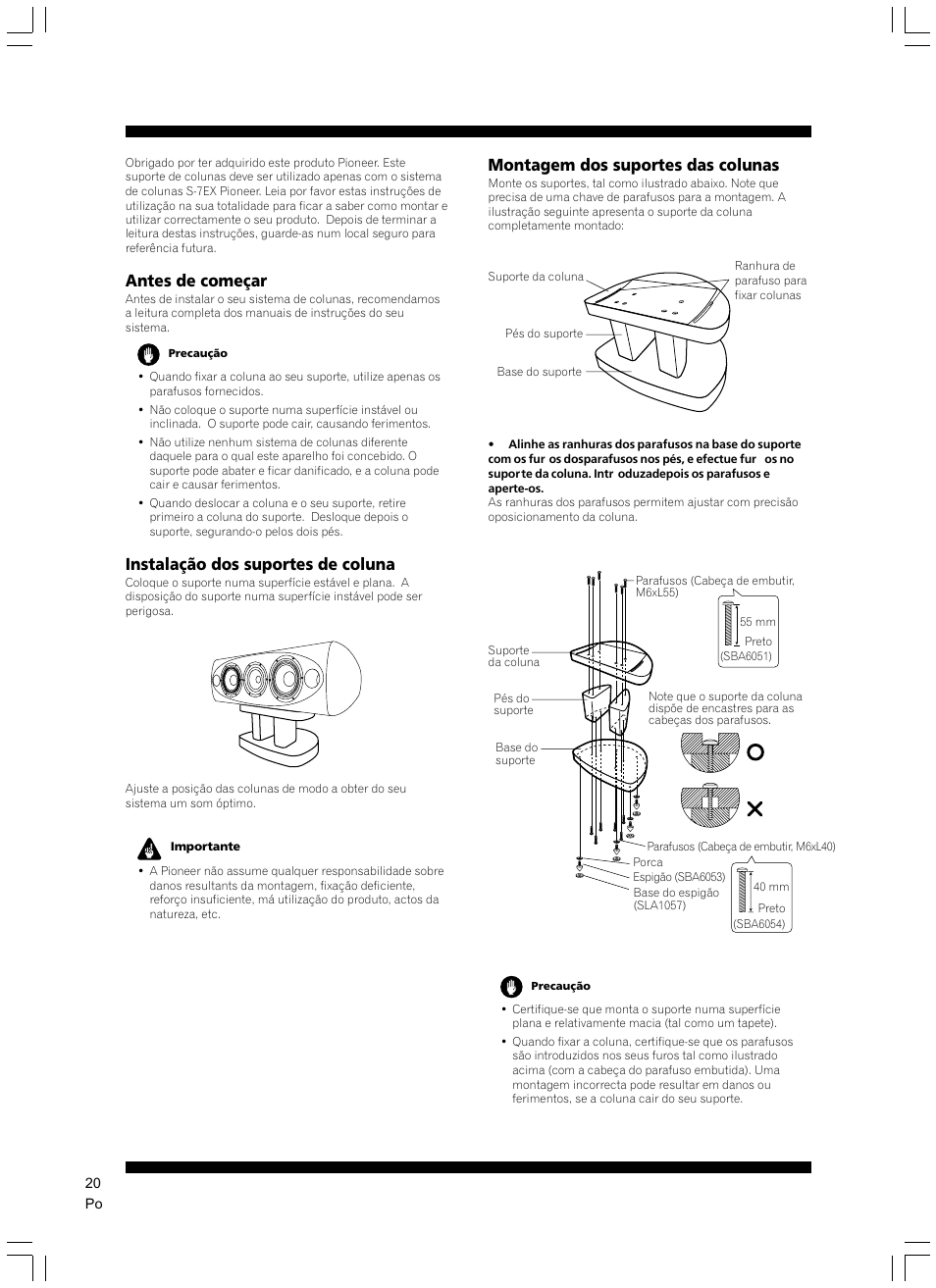 Antes de começar, Instalação dos suportes de coluna, Montagem dos suportes das colunas | Pioneer CP-7EX User Manual | Page 20 / 40