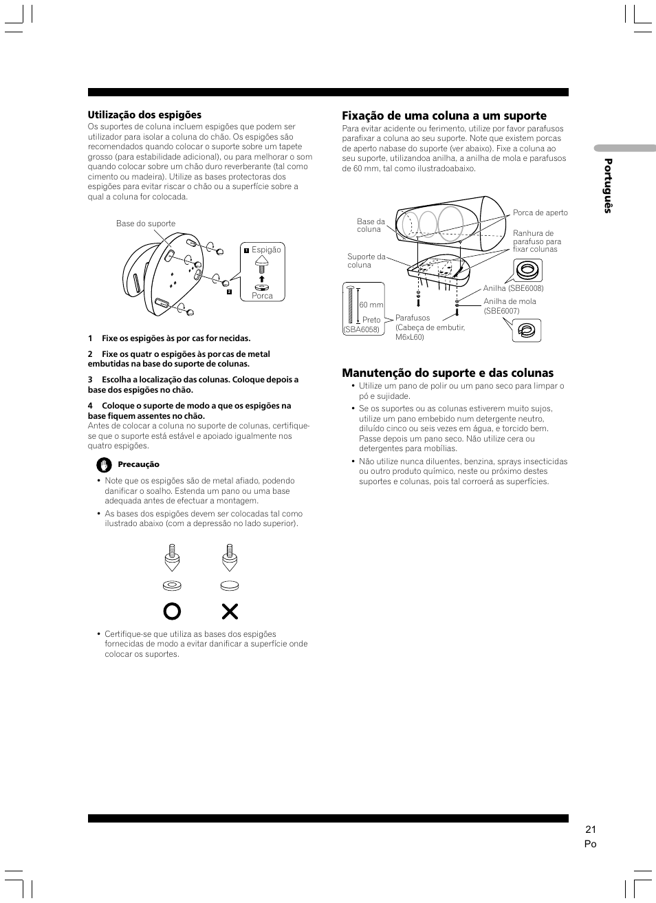 Fixação de uma coluna a um suporte, Manutenção do suporte e das colunas | Pioneer CP-7EX User Manual | Page 21 / 40