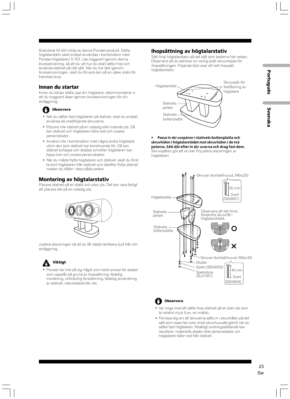 Innan du startar, Montering av högtalarstativ, Ihopsättning av högtalarstativ | Pioneer CP-7EX User Manual | Page 23 / 40
