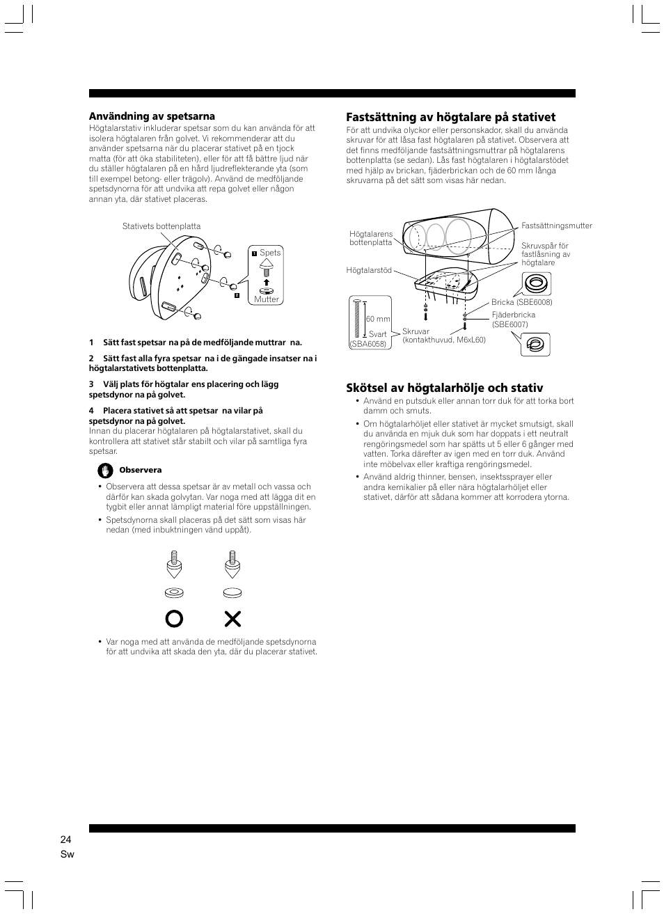Fastsättning av högtalare på stativet, Skötsel av högtalarhölje och stativ | Pioneer CP-7EX User Manual | Page 24 / 40