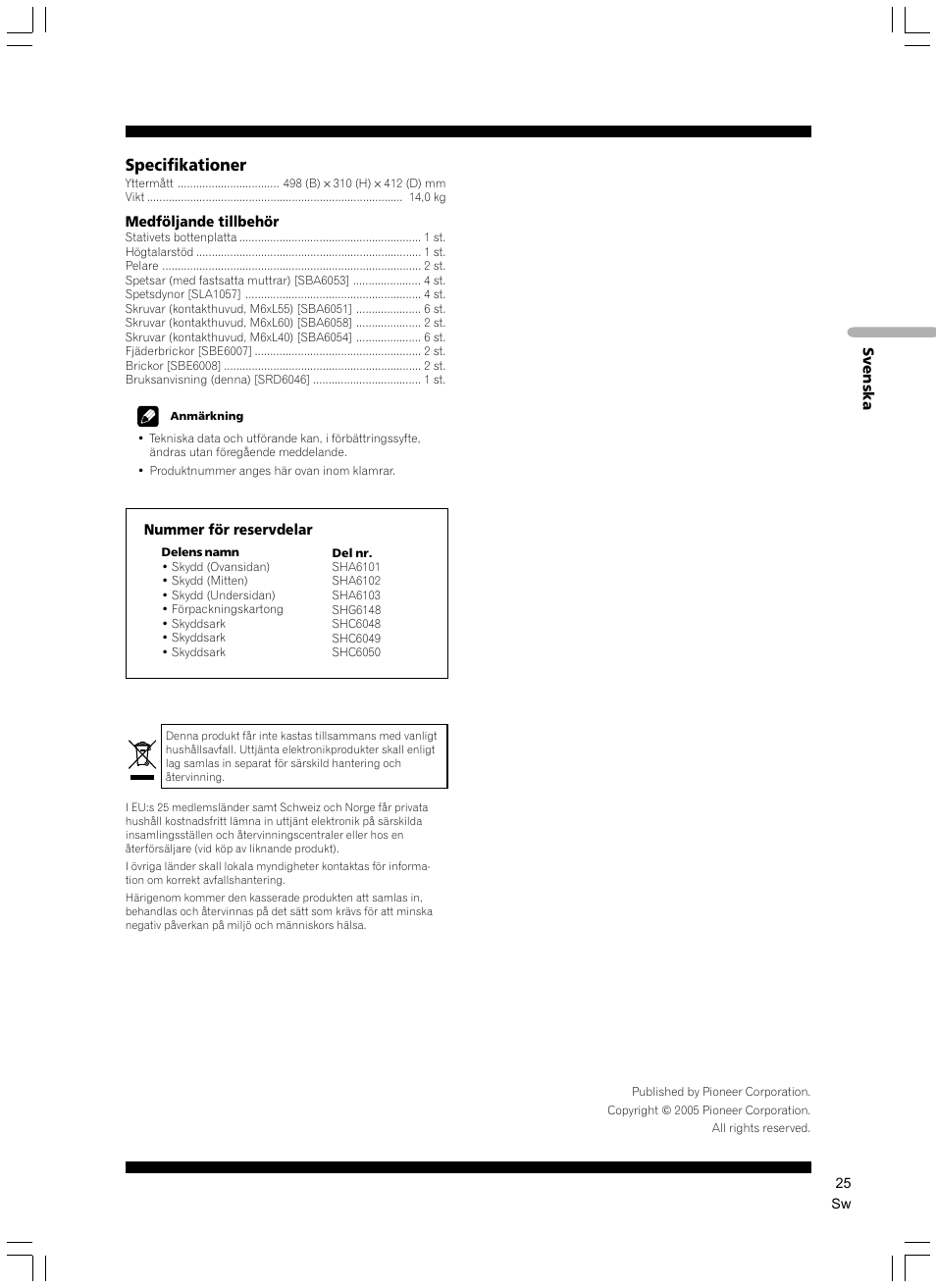 Specifikationer | Pioneer CP-7EX User Manual | Page 25 / 40