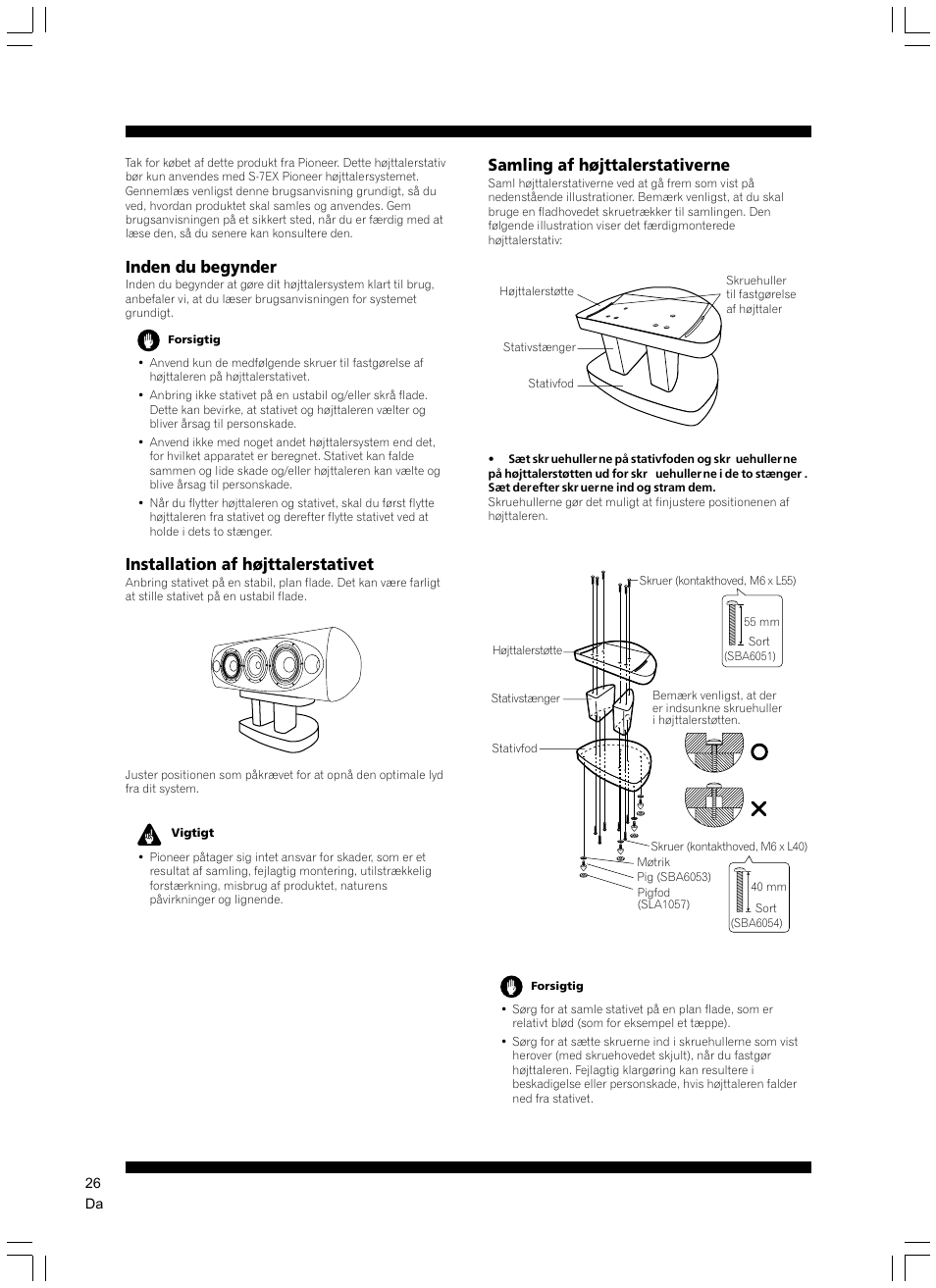 Inden du begynder, Installation af højttalerstativet, Samling af højttalerstativerne | Pioneer CP-7EX User Manual | Page 26 / 40