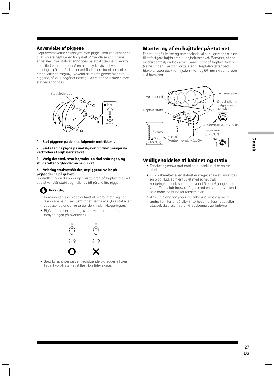 Montering af en højttaler på stativet, Vedligeholdelse af kabinet og stativ | Pioneer CP-7EX User Manual | Page 27 / 40