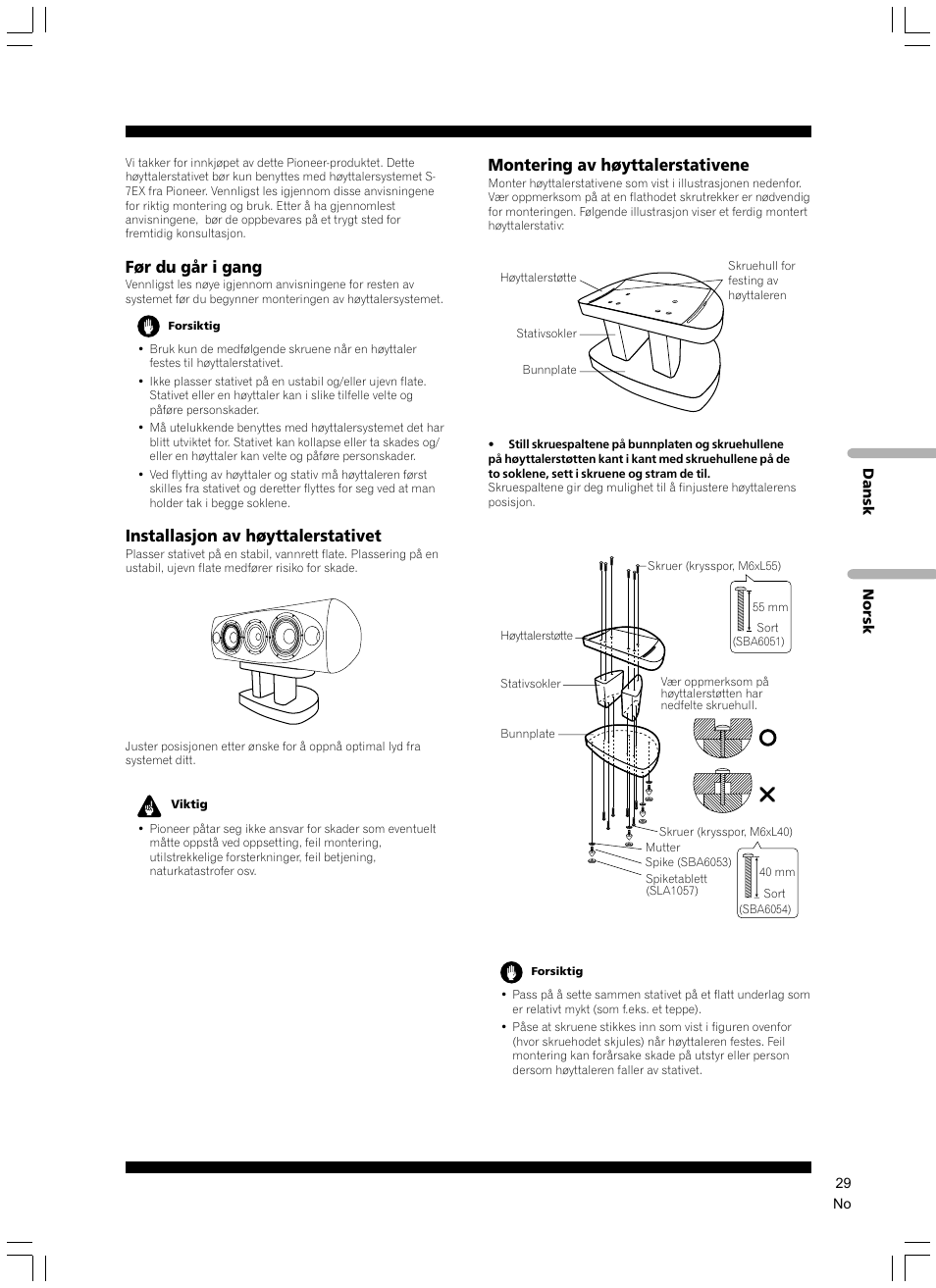 Før du går i gang, Installasjon av høyttalerstativet, Montering av høyttalerstativene | Pioneer CP-7EX User Manual | Page 29 / 40