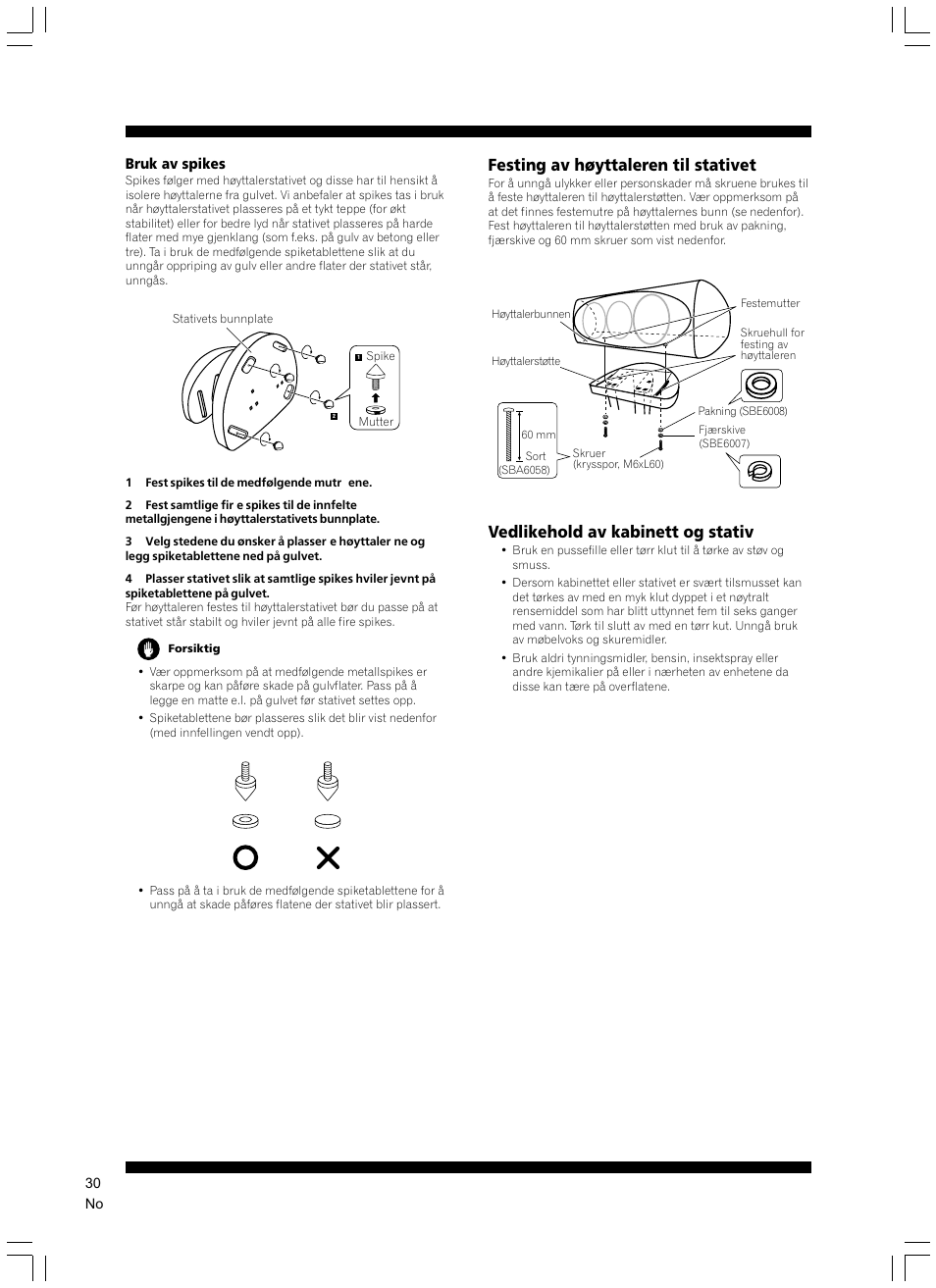 Festing av høyttaleren til stativet, Vedlikehold av kabinett og stativ | Pioneer CP-7EX User Manual | Page 30 / 40