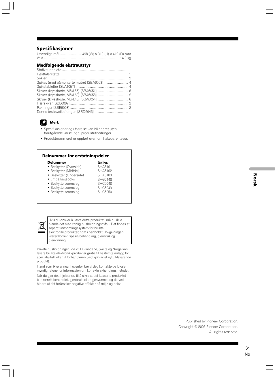 Spesifikasjoner | Pioneer CP-7EX User Manual | Page 31 / 40