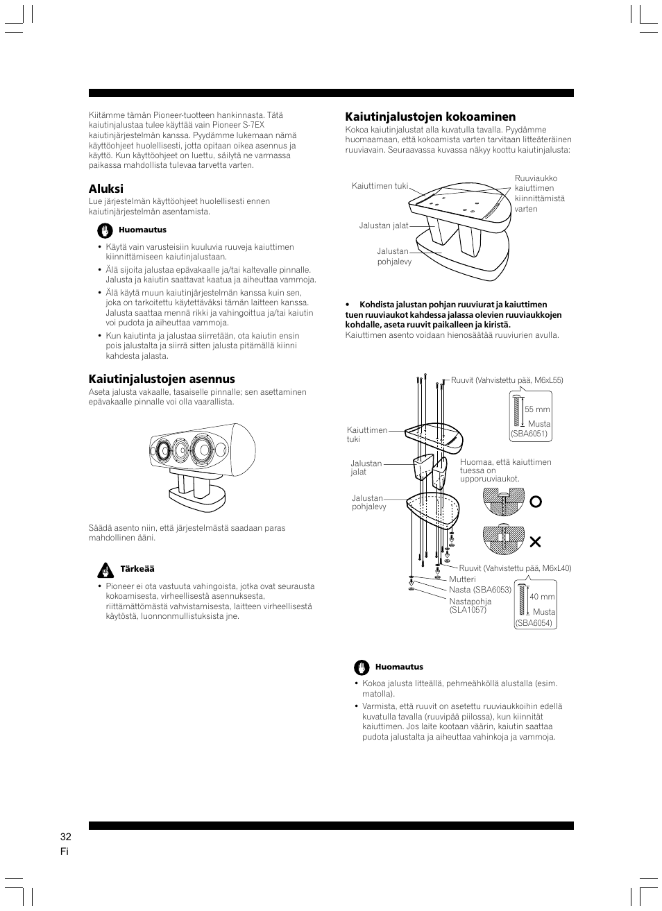 Aluksi, Kaiutinjalustojen asennus, Kaiutinjalustojen kokoaminen | Pioneer CP-7EX User Manual | Page 32 / 40
