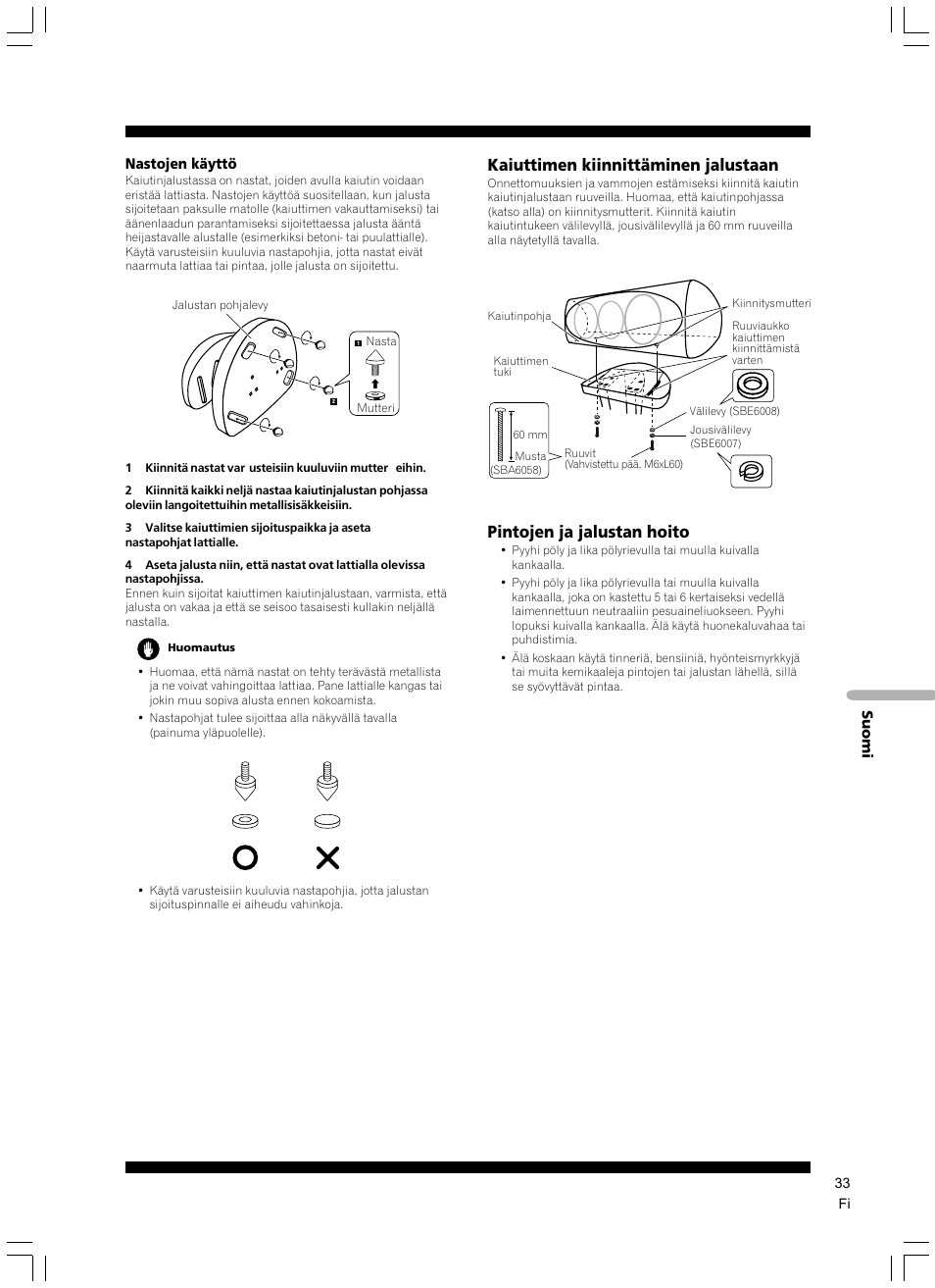 Kaiuttimen kiinnittäminen jalustaan, Pintojen ja jalustan hoito | Pioneer CP-7EX User Manual | Page 33 / 40