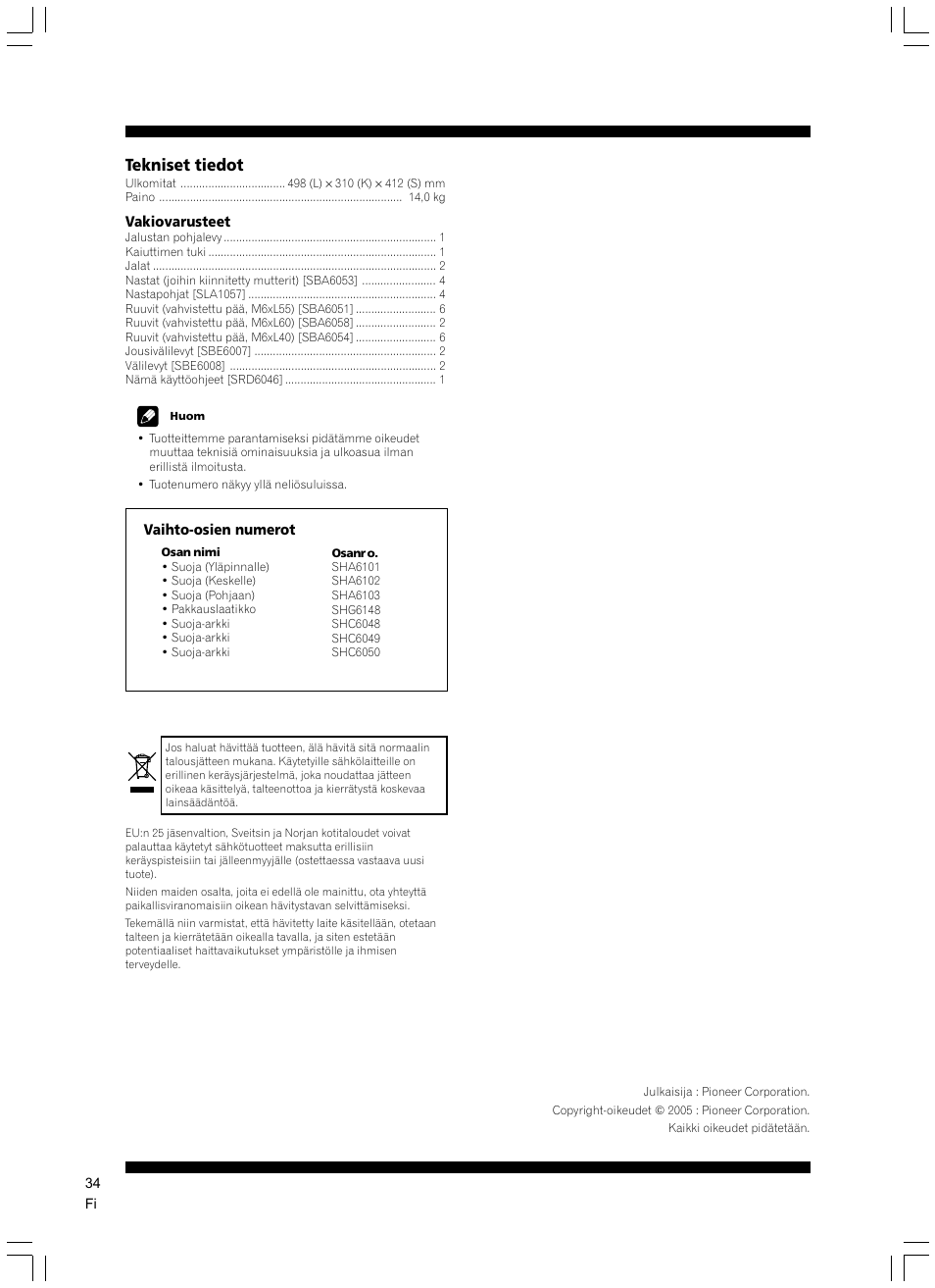 Tekniset tiedot | Pioneer CP-7EX User Manual | Page 34 / 40