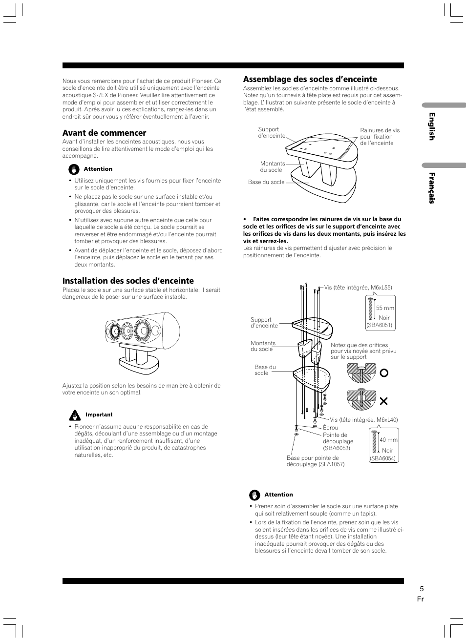 Avant de commencer, Installation des socles d’enceinte, Assemblage des socles d’enceinte | Pioneer CP-7EX User Manual | Page 5 / 40