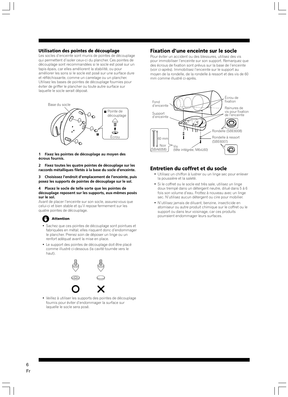 Fixation d’une enceinte sur le socle, Entretien du coffret et du socle | Pioneer CP-7EX User Manual | Page 6 / 40