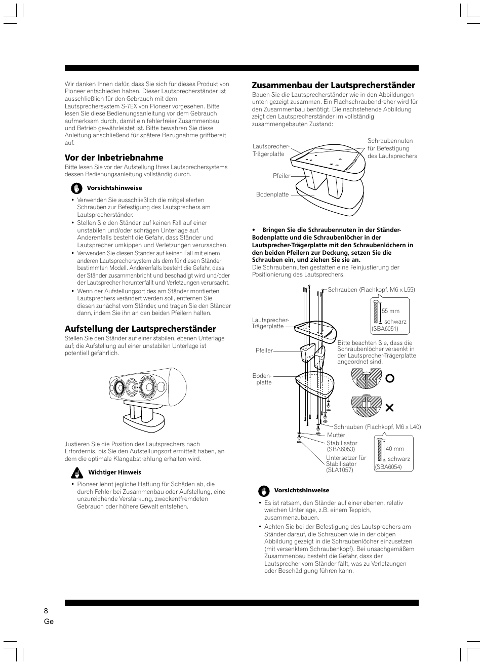 Vor der inbetriebnahme, Aufstellung der lautsprecherständer, Zusammenbau der lautsprecherständer | Pioneer CP-7EX User Manual | Page 8 / 40