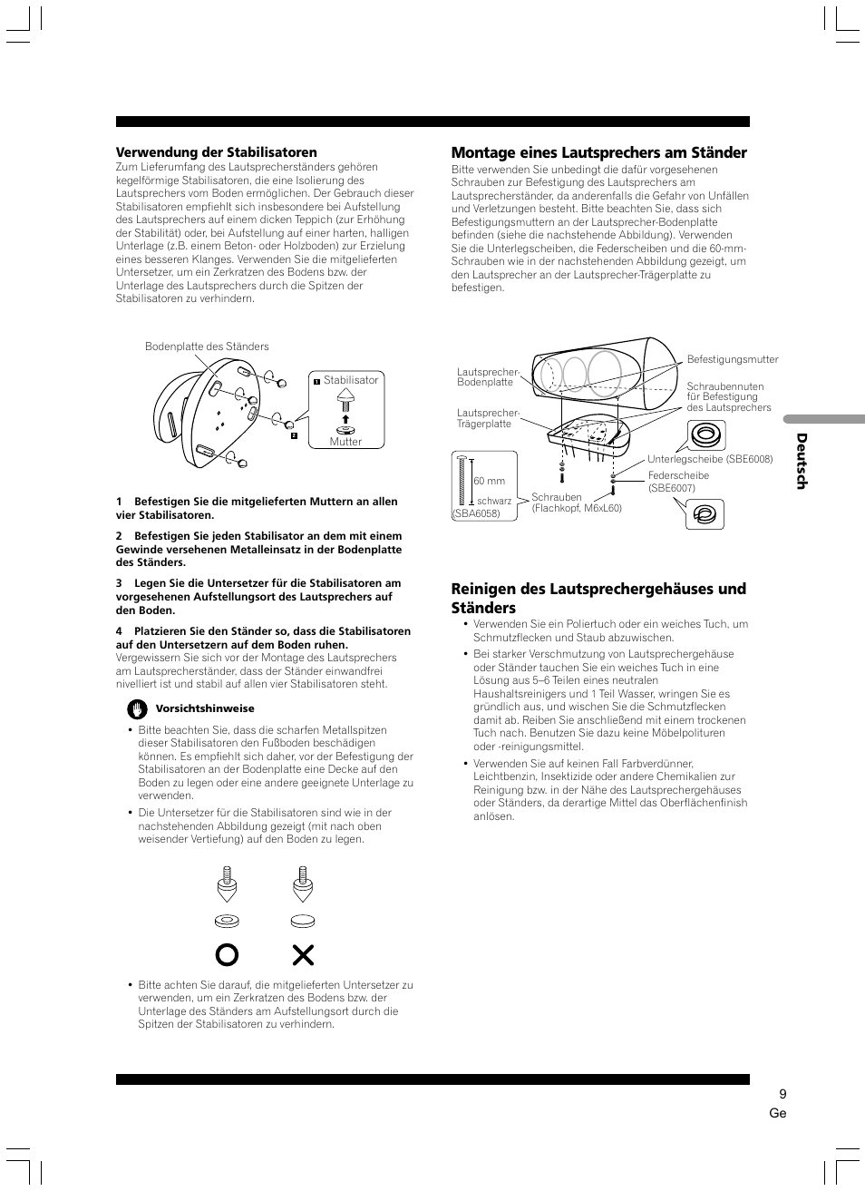 Montage eines lautsprechers am ständer, Reinigen des lautsprechergehäuses und ständers | Pioneer CP-7EX User Manual | Page 9 / 40