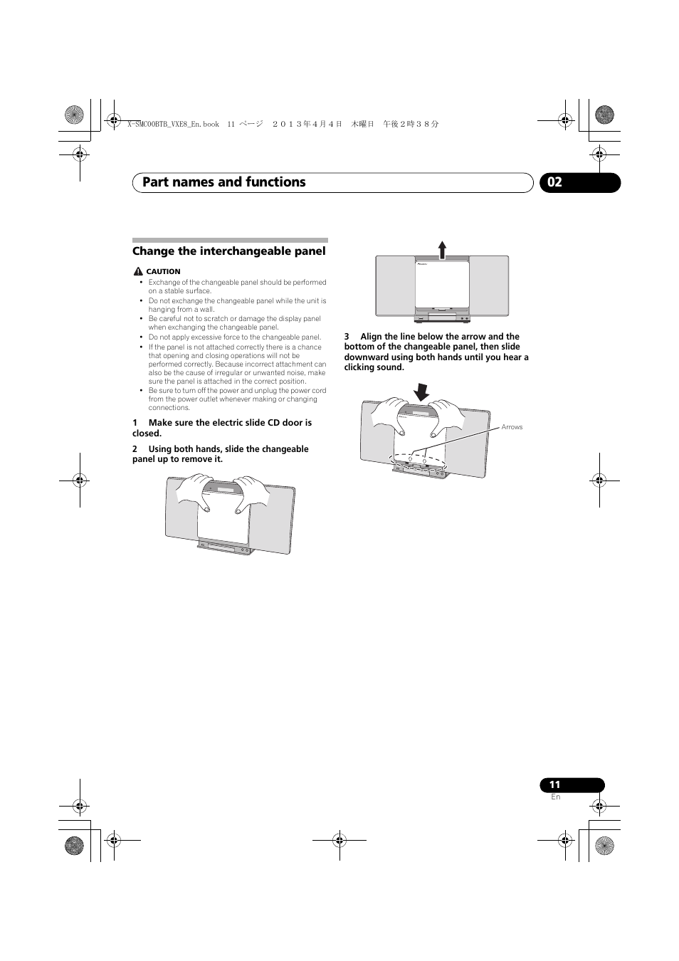 Change the interchangeable panel, Part names and functions 02 | Pioneer X-SMC00BT User Manual | Page 11 / 40