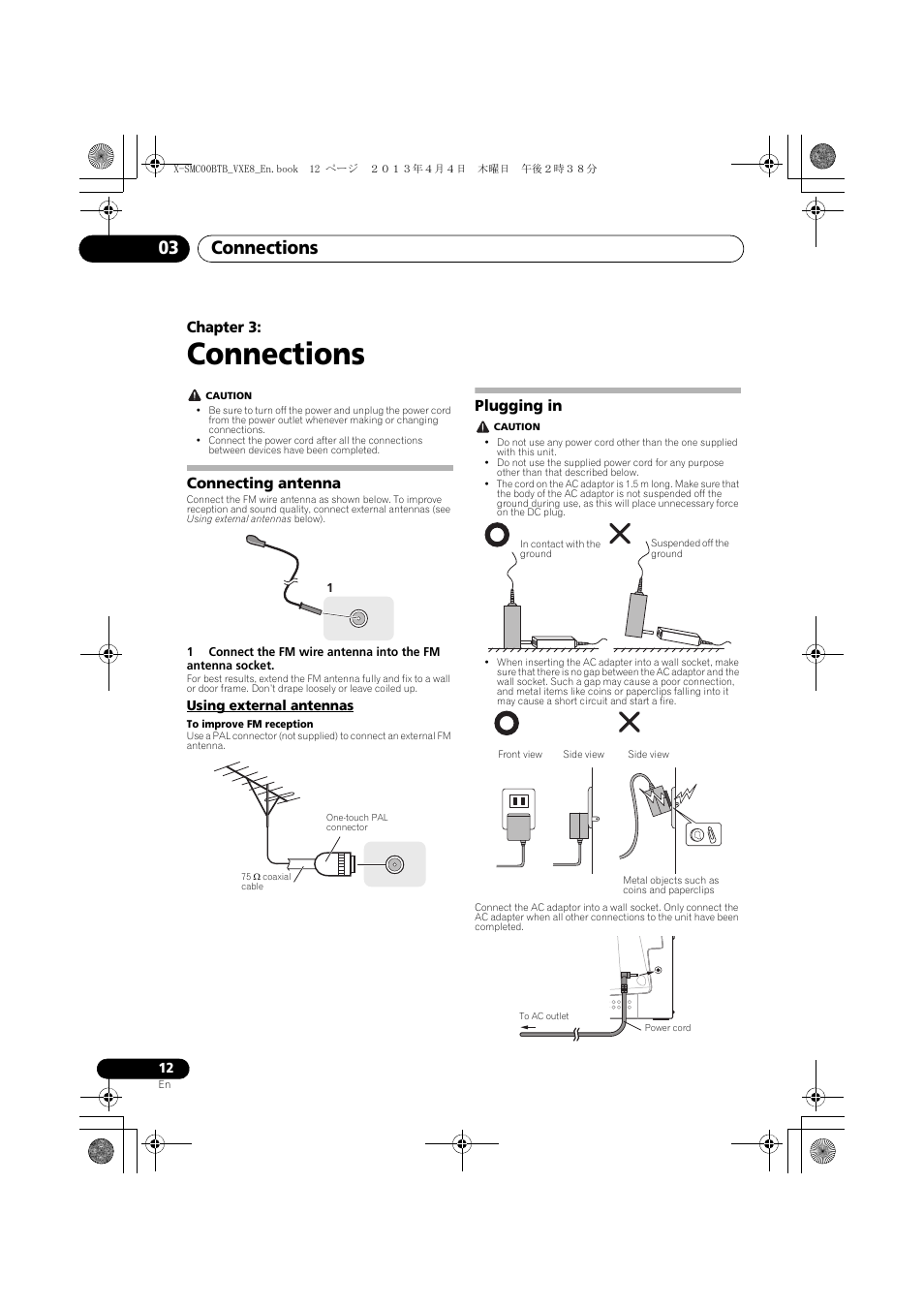 03 connections, Connecting antenna, Using external antennas | Plugging in, Connections, Connections 03, Chapter 3 | Pioneer X-SMC00BT User Manual | Page 12 / 40