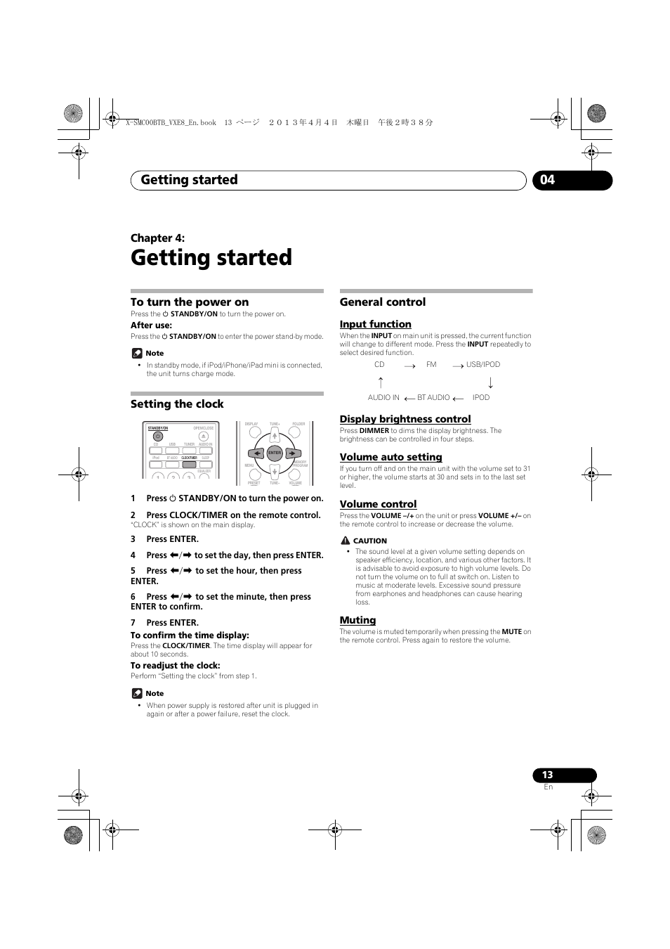 04 getting started, To turn the power on, Setting the clock | General control, Input function, Display brightness control, Volume auto setting, Volume control, Muting, Getting started | Pioneer X-SMC00BT User Manual | Page 13 / 40