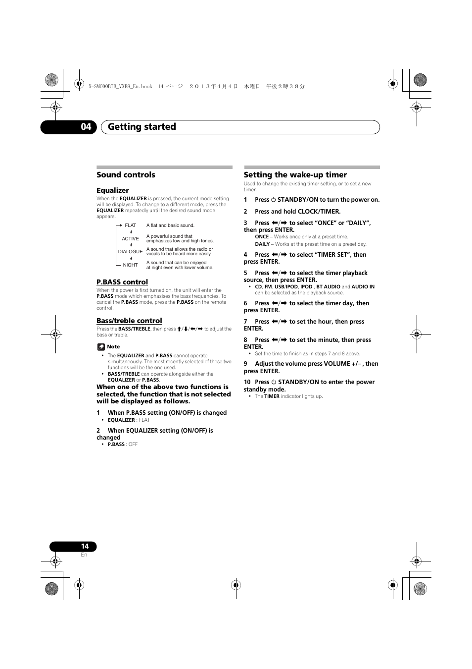 Sound controls, Equalizer, P.bass control | Bass/treble control, Setting the wake-up timer, Getting started 04 | Pioneer X-SMC00BT User Manual | Page 14 / 40