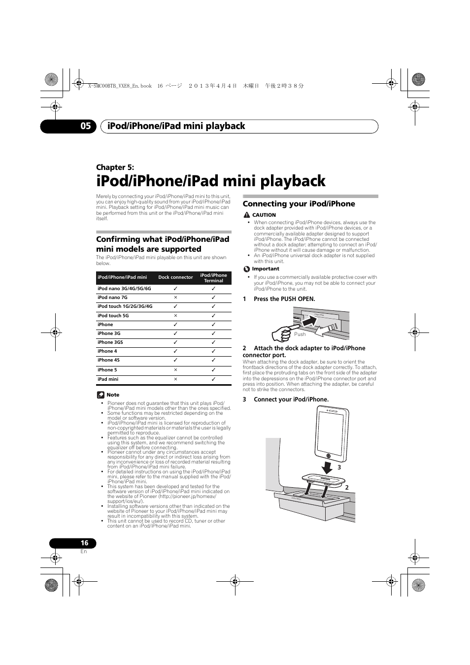 05 ipod/iphone/ipad mini playback, Confirming what ipod/iphone/ipad mini models are, Supported | Connecting your ipod/iphone, Ipod/iphone/ipad mini playback, Ipod/iphone/ipad mini playback 05, Chapter 5 | Pioneer X-SMC00BT User Manual | Page 16 / 40