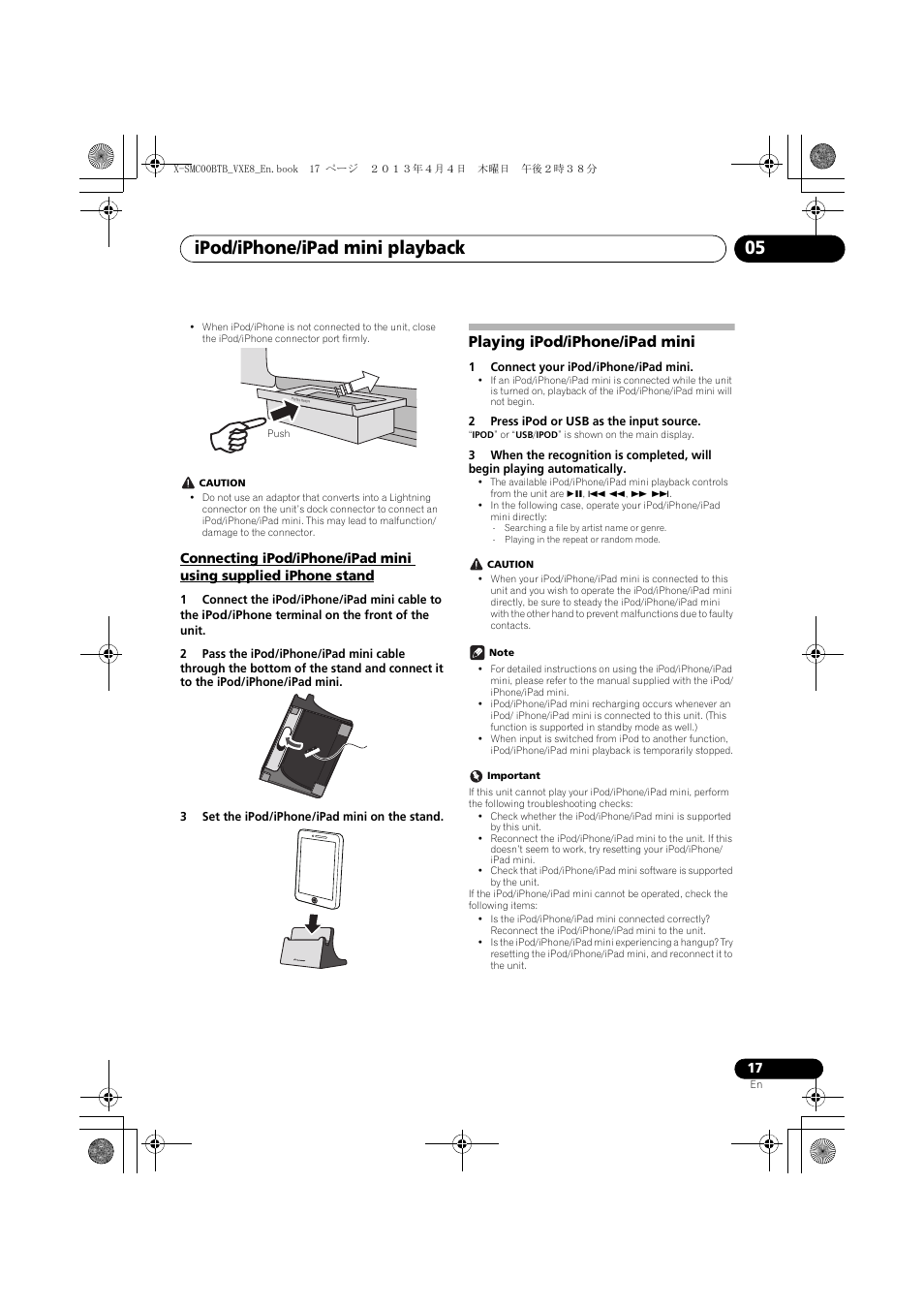 Connecting ipod/iphone/ipad mini using supplied, Iphone stand, Playing ipod/iphone/ipad mini | Ipod/iphone/ipad mini playback 05 | Pioneer X-SMC00BT User Manual | Page 17 / 40