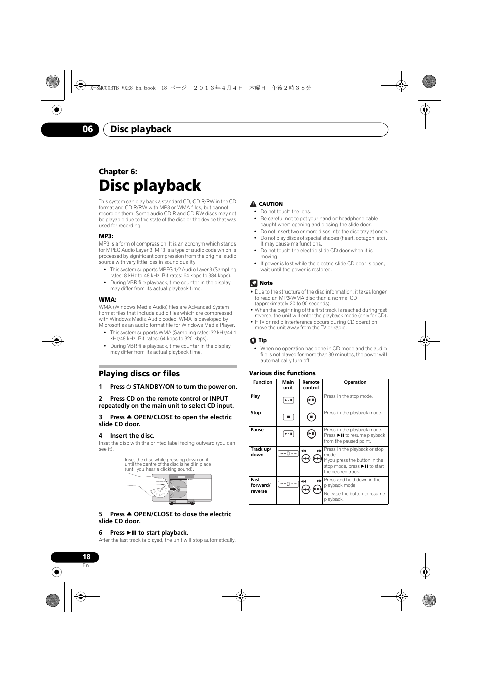06 disc playback, Playing discs or files, Disc playback | Disc playback 06, Chapter 6, Audio in push open power on timer | Pioneer X-SMC00BT User Manual | Page 18 / 40