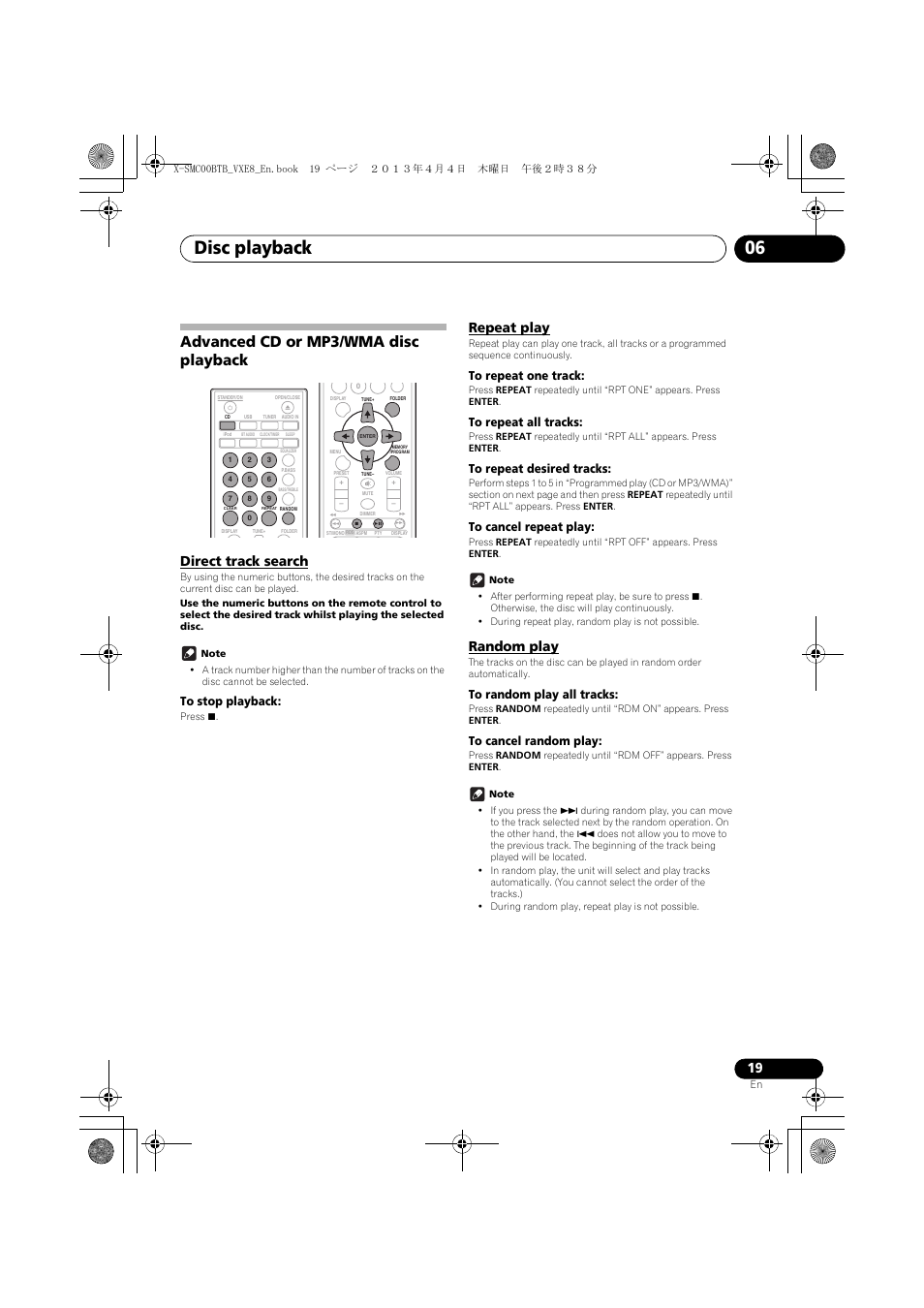 Advanced cd or mp3/wma disc playback, Direct track search, Repeat play | Random play, Disc playback 06 | Pioneer X-SMC00BT User Manual | Page 19 / 40