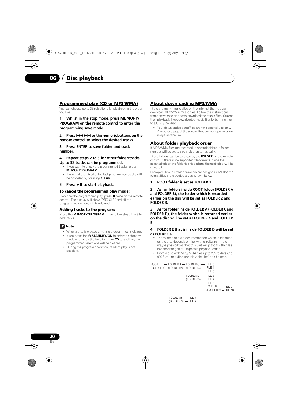 Programmed play (cd or mp3/wma), About downloading mp3/wma, About folder playback order | Disc playback 06 | Pioneer X-SMC00BT User Manual | Page 20 / 40