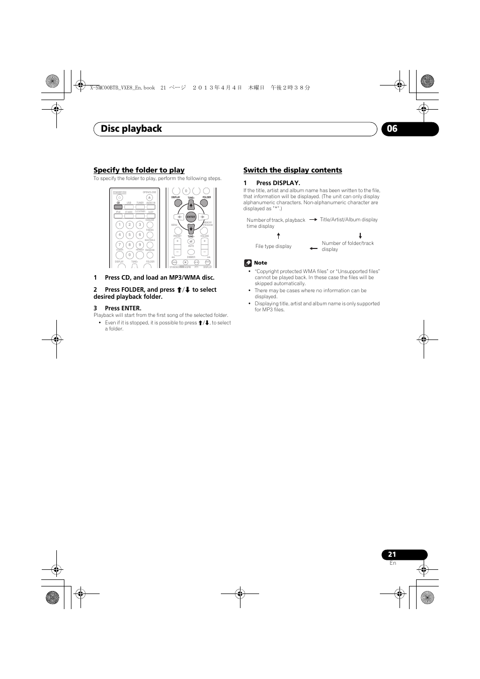 Specify the folder to play, Switch the display contents, Disc playback 06 | 1press display | Pioneer X-SMC00BT User Manual | Page 21 / 40