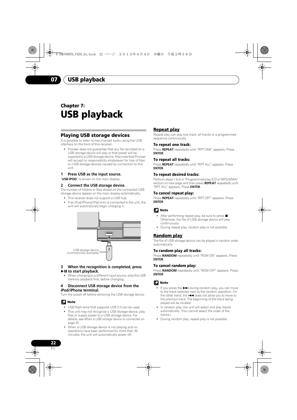 07 usb playback, Playing usb storage devices, Repeat play | Random play, Usb playback, Usb playback 07, Chapter 7 | Pioneer X-SMC00BT User Manual | Page 22 / 40