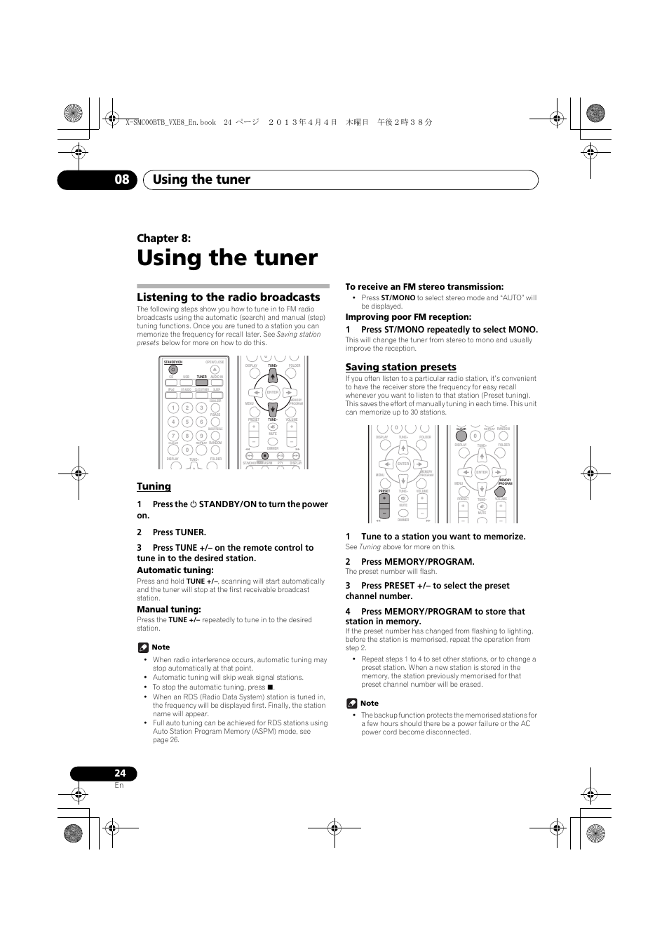 08 using the tuner, Listening to the radio broadcasts, Tuning | Saving station presets, Using the tuner, Using the tuner 08, Chapter 8, Manual tuning | Pioneer X-SMC00BT User Manual | Page 24 / 40