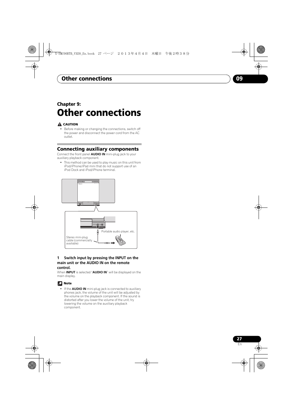 09 other connections, Connecting auxiliary components, Other connections | Other connections 09, Chapter 9 | Pioneer X-SMC00BT User Manual | Page 27 / 40