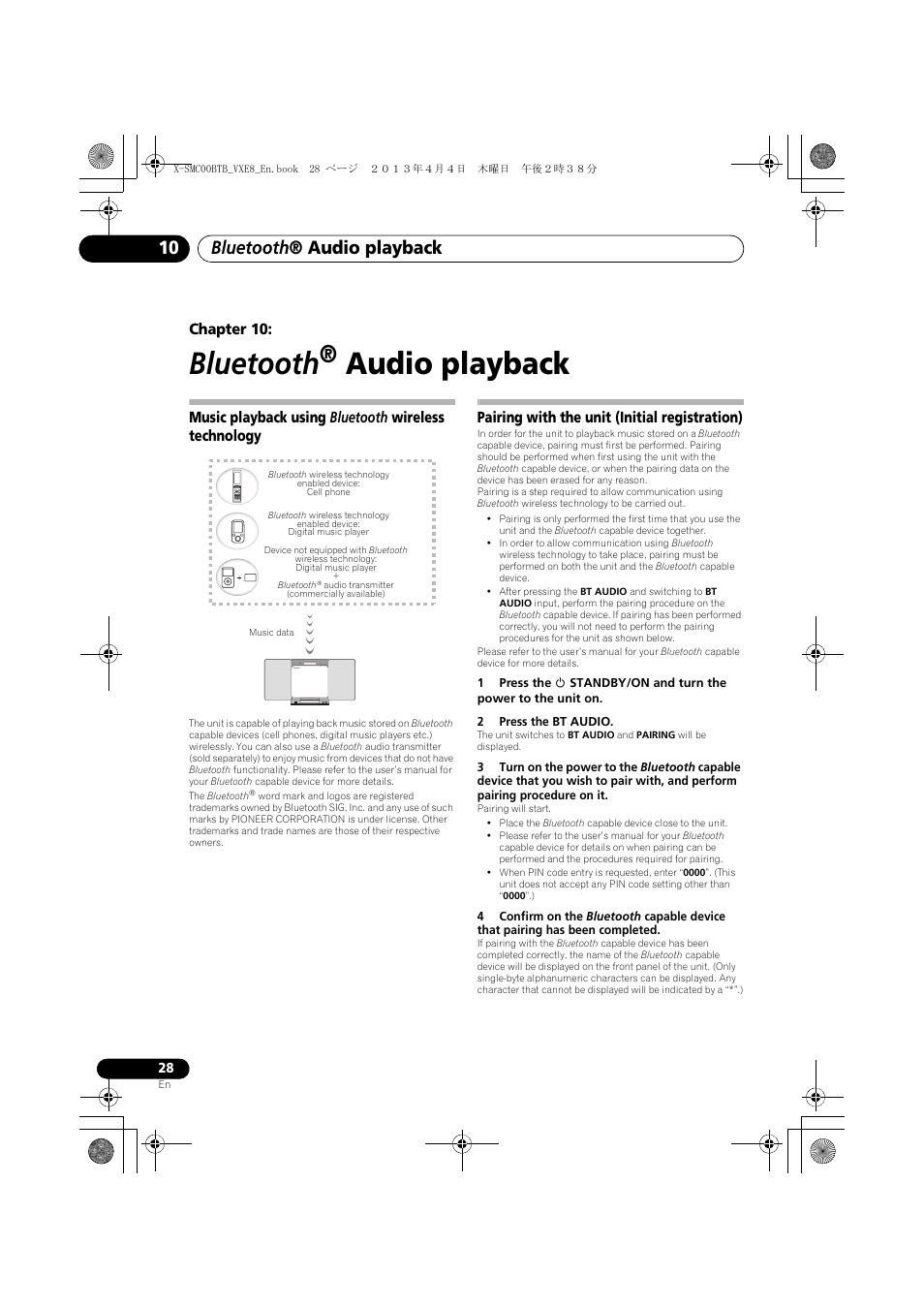 10 bluetooth ® audio playback, Music playback using bluetooth wireless, Technology | Pairing with the unit (initial registration), Bluetooth, Audio playback, Bluetooth ® audio playback, Chapter 10, Music playback using bluetooth wireless technology | Pioneer X-SMC00BT User Manual | Page 28 / 40