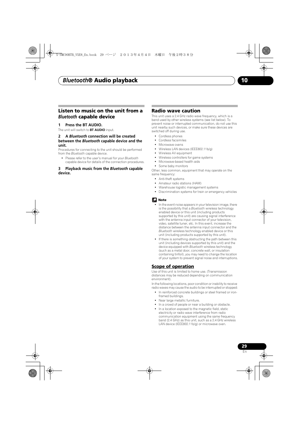 Device, Radio wave caution, Scope of operation | Bluetooth ® audio playback | Pioneer X-SMC00BT User Manual | Page 29 / 40