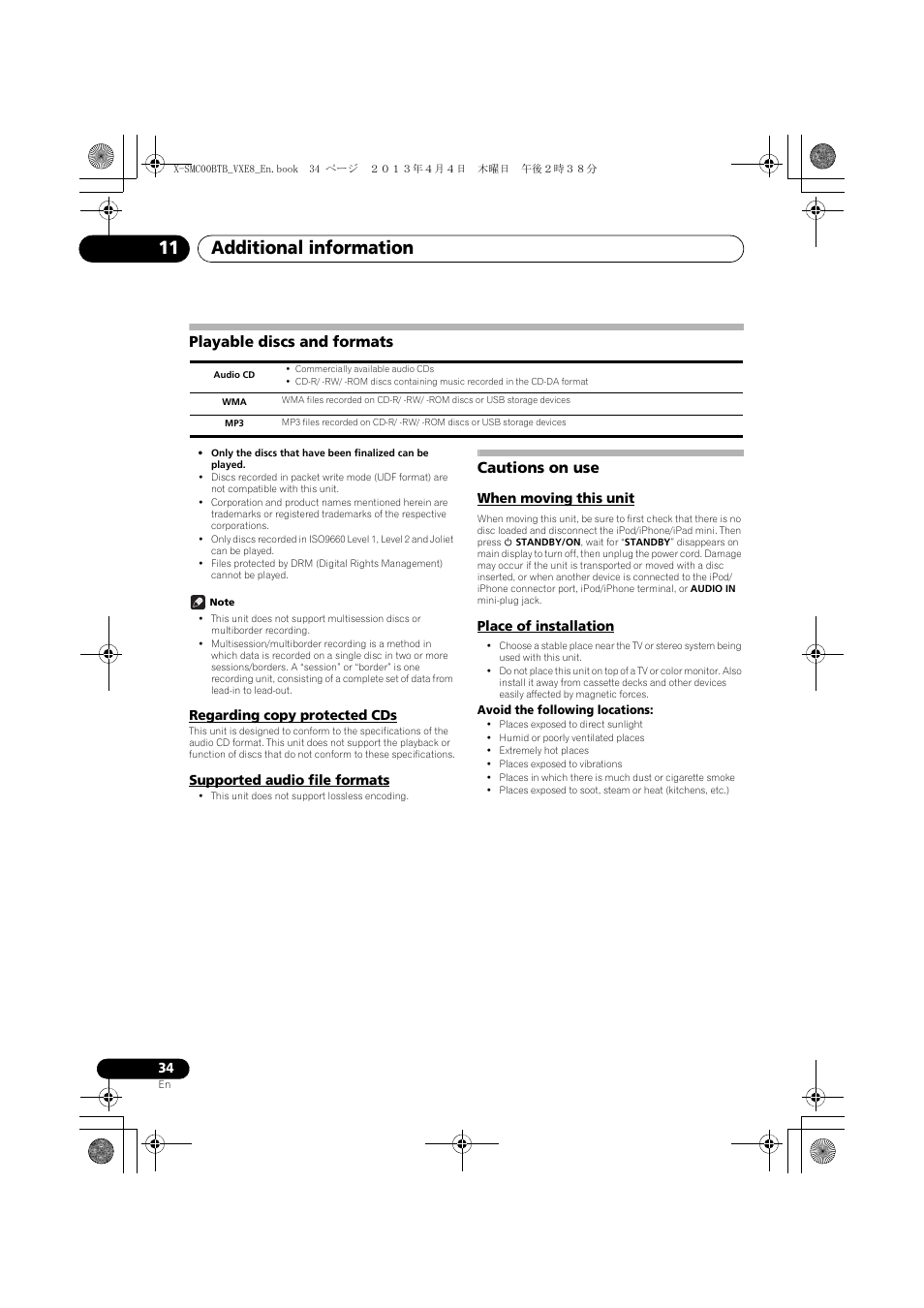 Playable discs and formats, Regarding copy protected cds, Supported audio file formats | Cautions on use, When moving this unit, Place of installation, Additional information 11 | Pioneer X-SMC00BT User Manual | Page 34 / 40