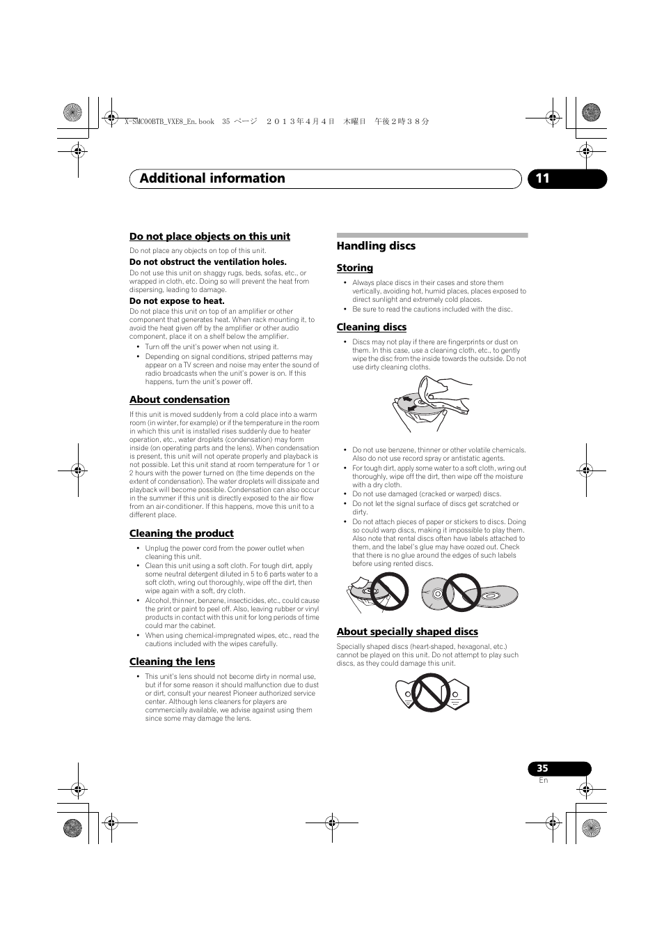 Do not place objects on this unit, About condensation, Cleaning the product | Cleaning the lens, Handling discs, Storing, Cleaning discs, About specially shaped discs, Additional information 11 | Pioneer X-SMC00BT User Manual | Page 35 / 40