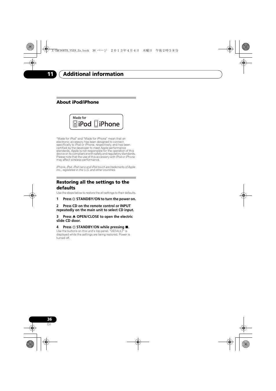 About ipod/iphone, Restoring all the settings to the defaults, Additional information 11 | Pioneer X-SMC00BT User Manual | Page 36 / 40