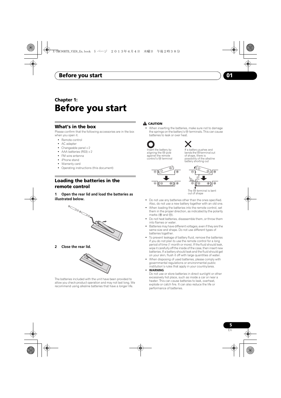 01 before you start, What’s in the box, Loading the batteries in the remote control | Before you start, Before you start 01, Chapter 1 | Pioneer X-SMC00BT User Manual | Page 5 / 40