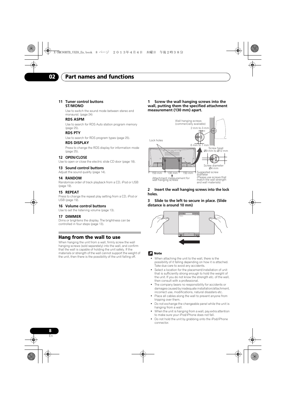 Hang from the wall to use, Part names and functions 02 | Pioneer X-SMC00BT User Manual | Page 8 / 40