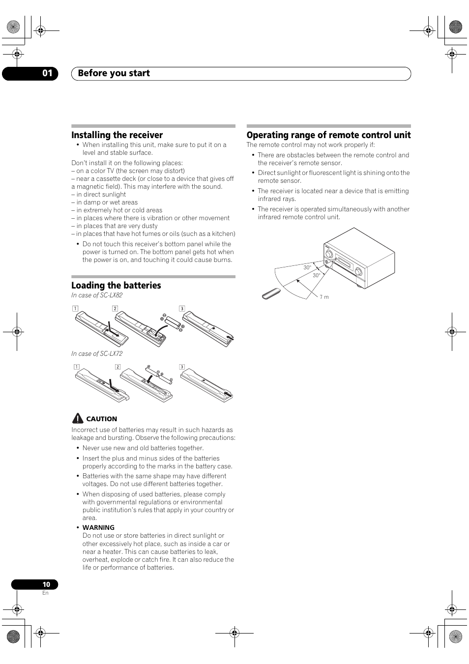 Installing the receiver, Loading the batteries, Operating range of remote control unit | Before you start 01 | Pioneer SC-LX82 User Manual | Page 10 / 148