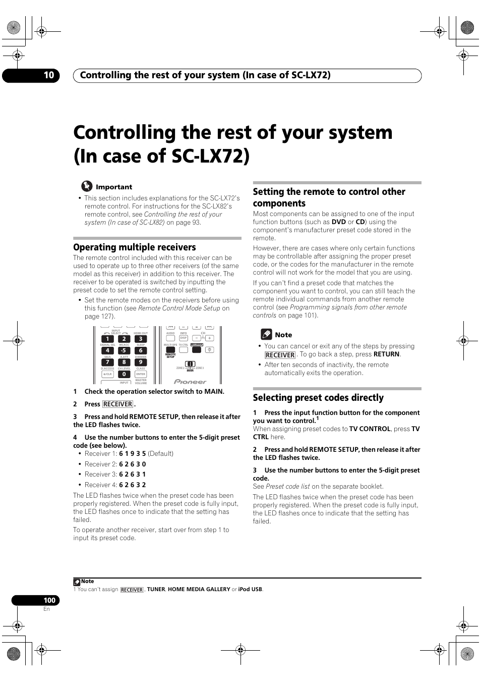 Operating multiple receivers, Setting the remote to control other components, Selecting preset codes directly | Pioneer SC-LX82 User Manual | Page 100 / 148