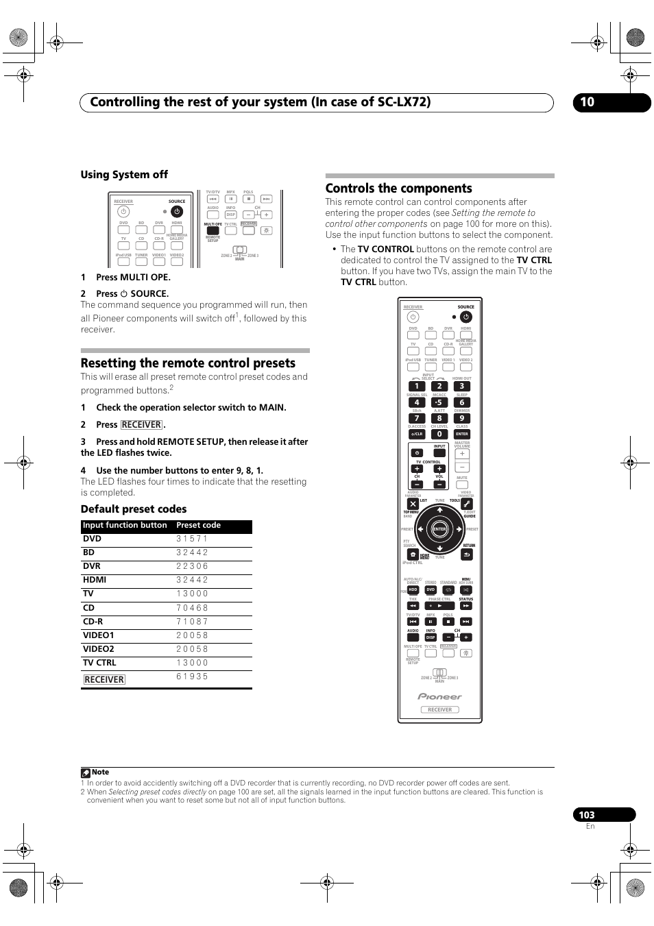 Using system off, Resetting the remote control presets, Default preset codes | Controls the components, Followed by this receiver, Receiver | Pioneer SC-LX82 User Manual | Page 103 / 148