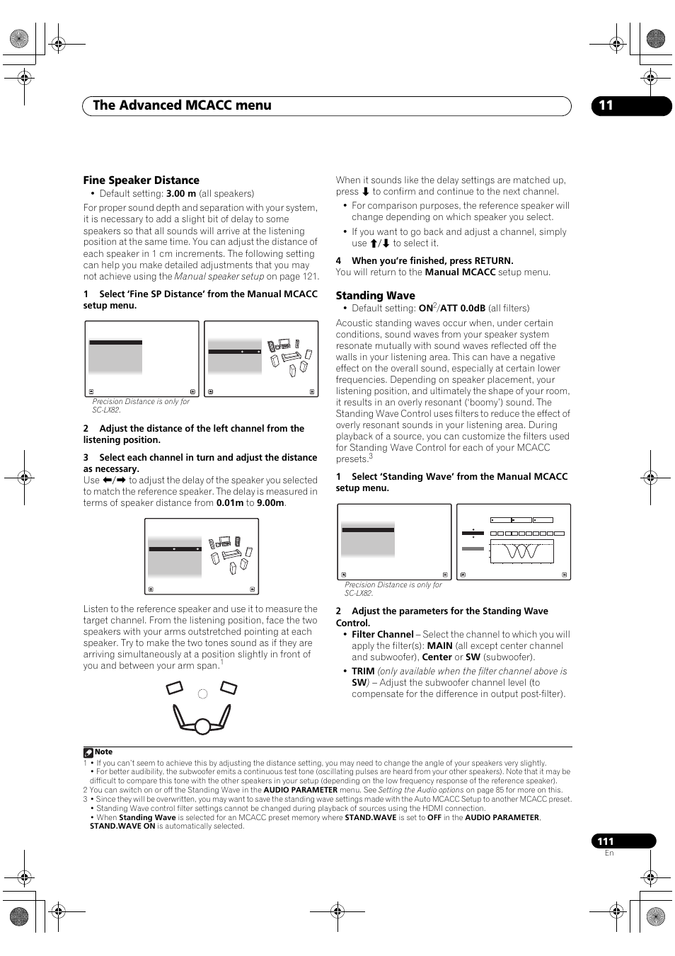 Fine speaker distance, Standing wave, The advanced mcacc menu 11 | Default setting: on | Pioneer SC-LX82 User Manual | Page 111 / 148