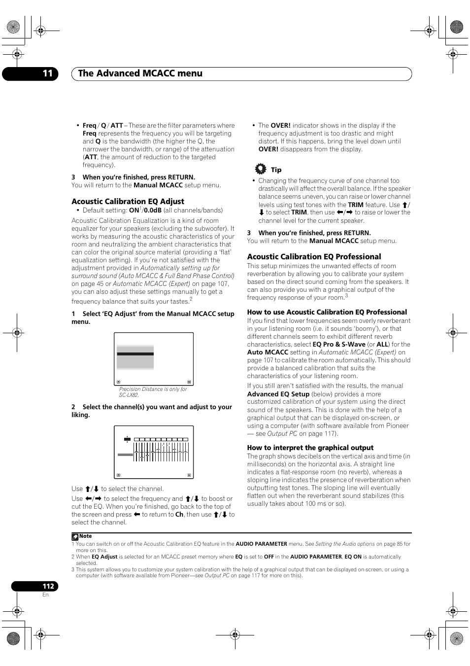 Acoustic calibration eq adjust, Acoustic calibration eq professional, The advanced mcacc menu 11 | How to use acoustic calibration eq professional, How to interpret the graphical output, Default setting: on | Pioneer SC-LX82 User Manual | Page 112 / 148