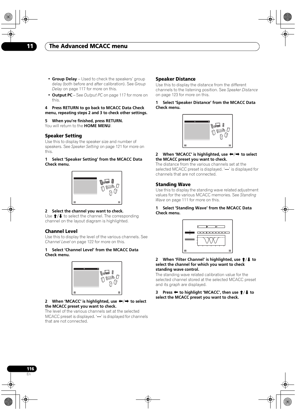 Speaker setting, Channel level, Speaker distance | Standing wave, The advanced mcacc menu 11 | Pioneer SC-LX82 User Manual | Page 116 / 148